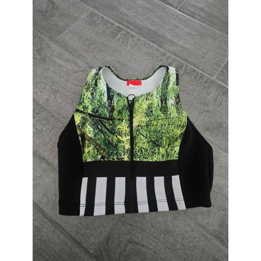 Clover Canyon Neoprene Mixed Print Zip Front Crop Top Green Black White Size M
